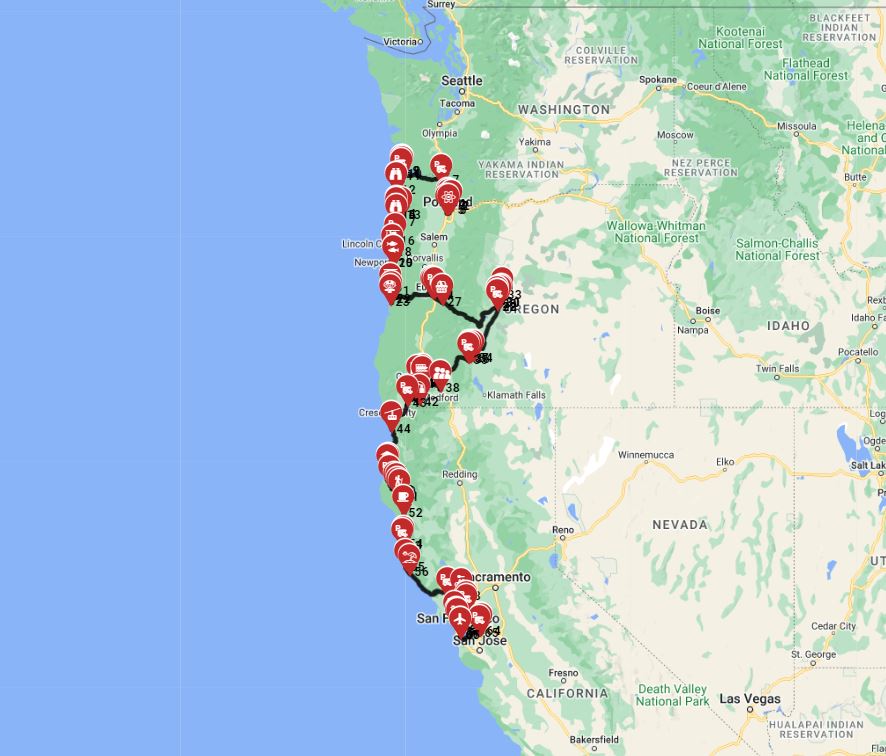 RV trip route from Portland to San Francisco